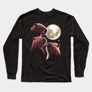 Three Capybara Moon Funny Capybara Meme Mystical Capybara Long Sleeve T-Shirt